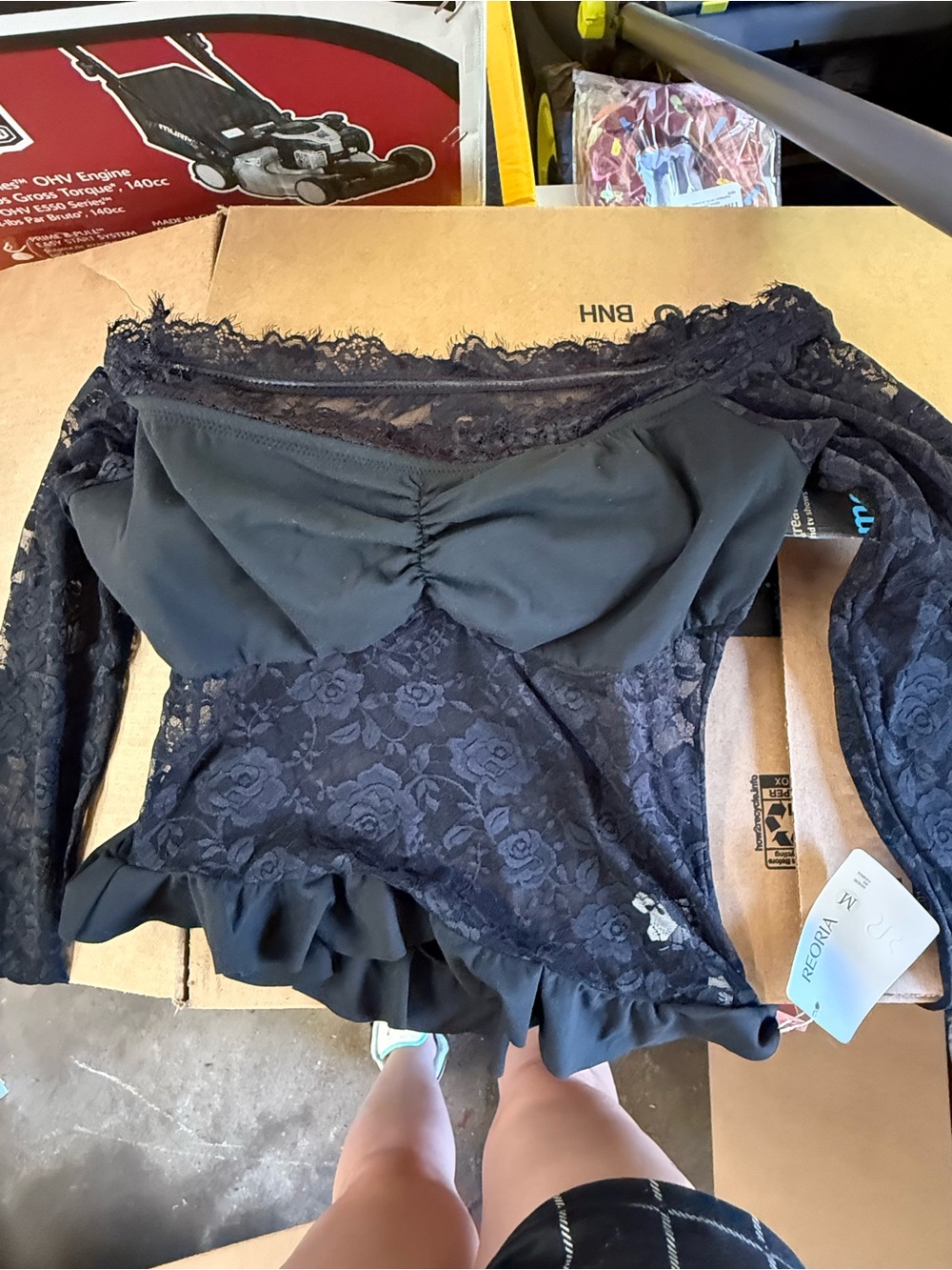 Black Lace Off-Shoulder Ruffle Hem Top